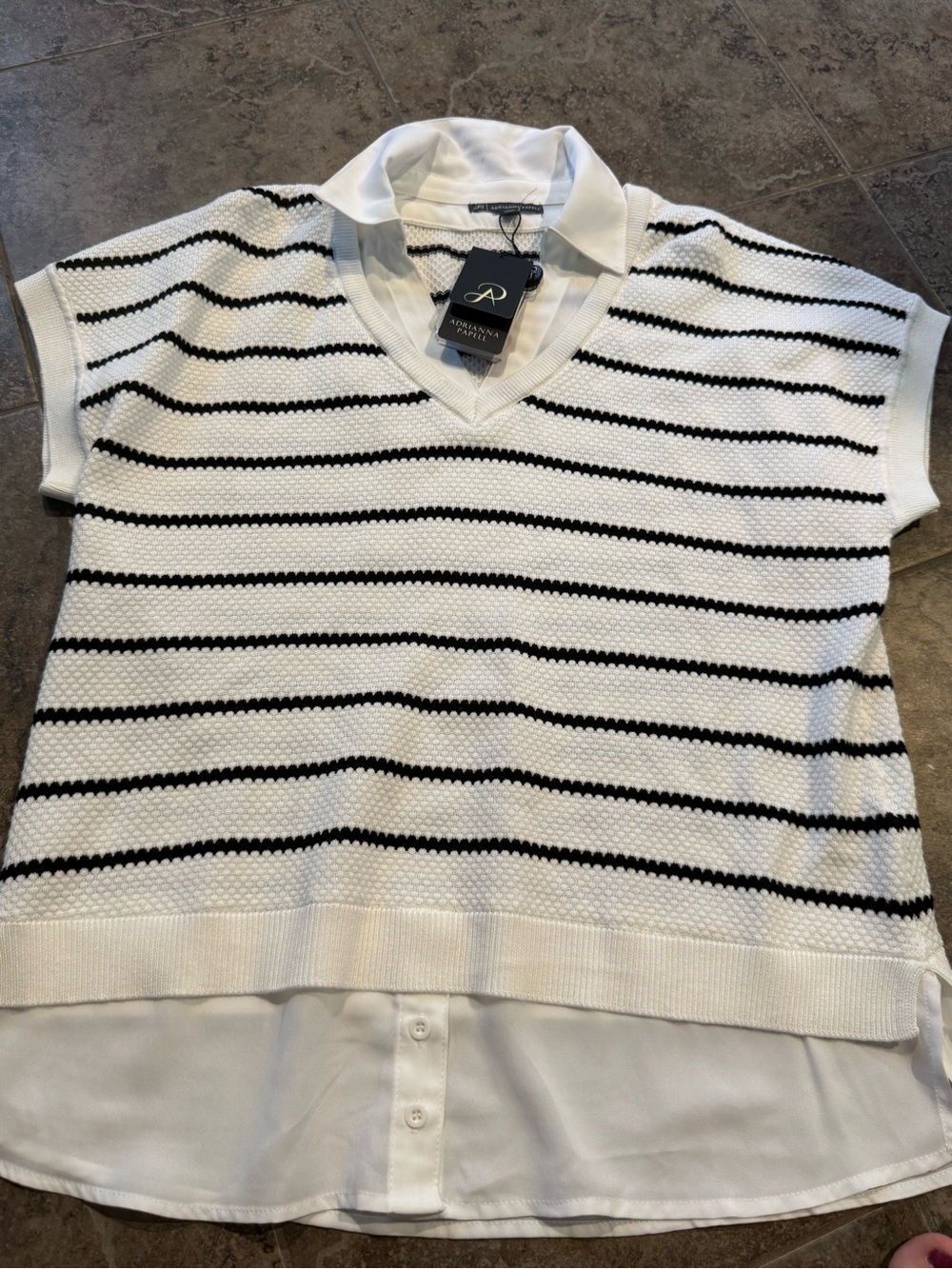 🥦Adrianna Papell White & Black Striped Layered Knit Top drop shoulder twofer